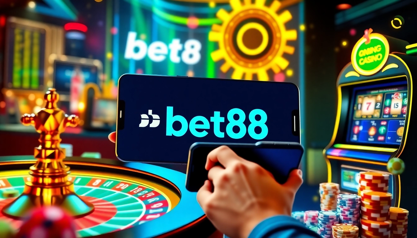Experience the excitement of online gambling at Bet88 with dynamic casino visuals featuring roulette and poker elements.