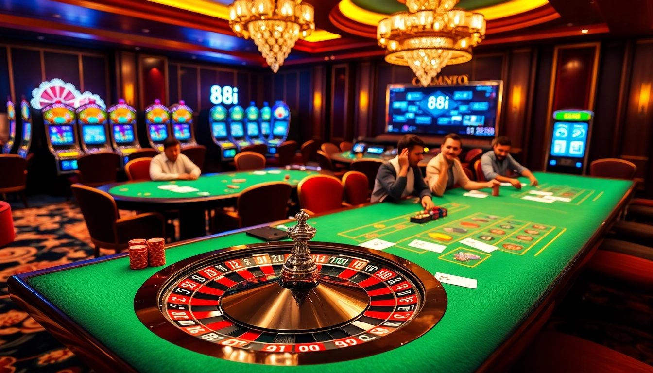 Excited players engaging at a luxurious casino table featuring 88i, vibrant poker chips, and roulette wheel.