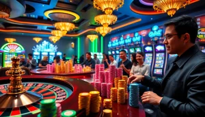 Experience thrilling gaming action with 8kbet cc featuring vibrant slot machines and poker chips.