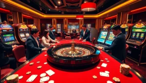 Exciting casino action at https://kubet.agency/ with roulette, slot machines, and poker chips.