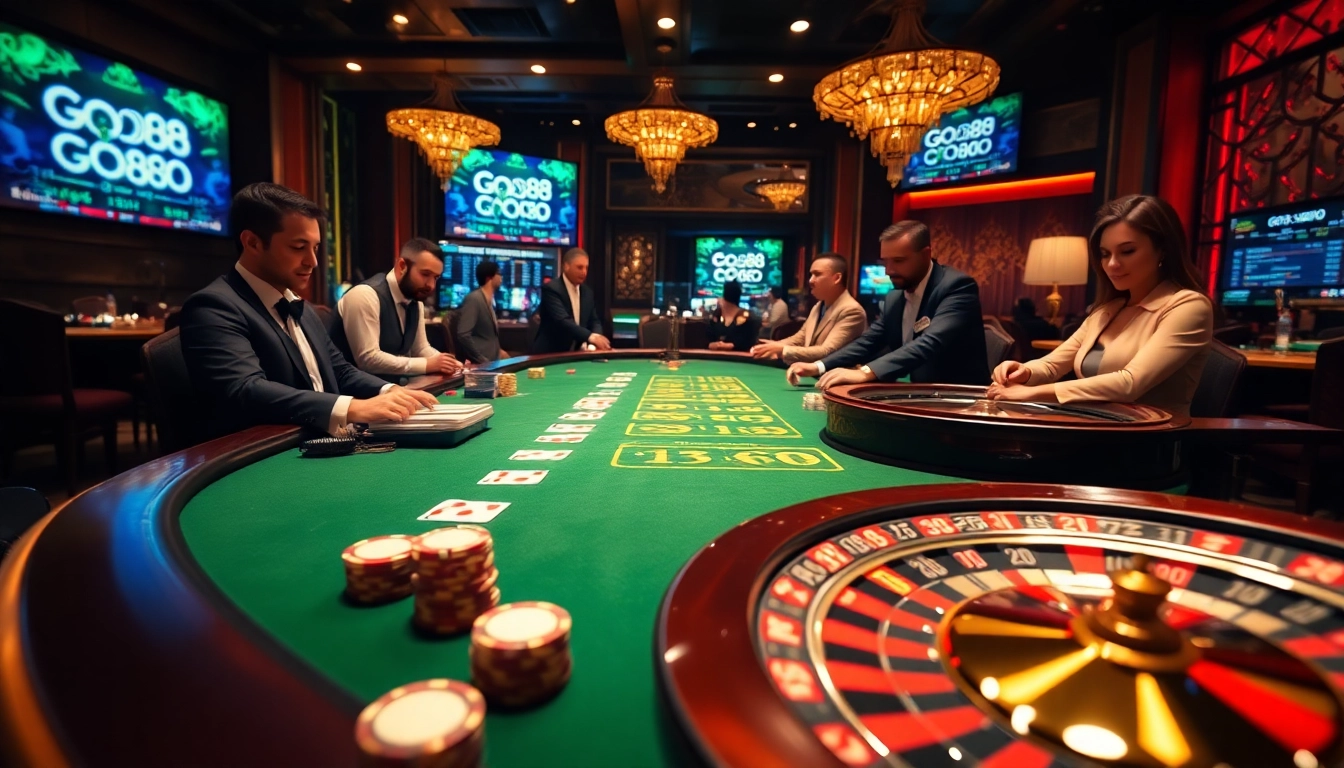 Go88 poker table scene with vibrant chips and cards in a luxurious casino atmosphere