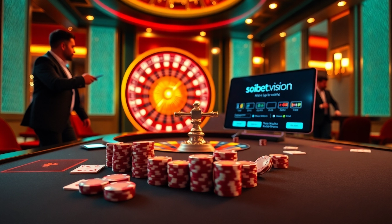 Experience thrilling gambling at https://soibet.vision/ with a vibrant casino scene featuring poker chips and excitement.