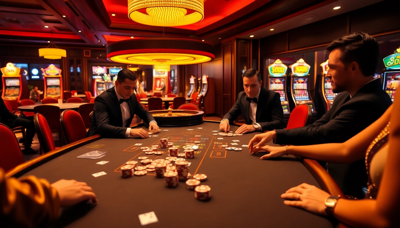 SODO66 casino players enjoying an exhilarating poker match at a luxurious casino table.