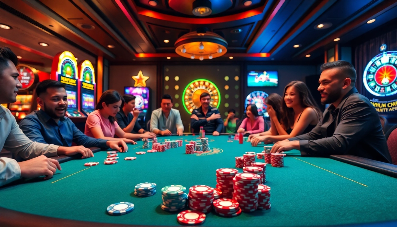 Engaged players at a vn88 casino poker table, showcasing vibrant gaming elements.