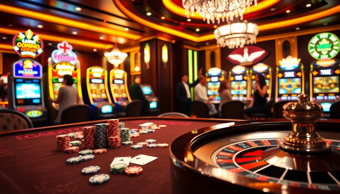 Engaging scene of game 23win with poker chips, cards, and a roulette wheel in a luxurious casino.