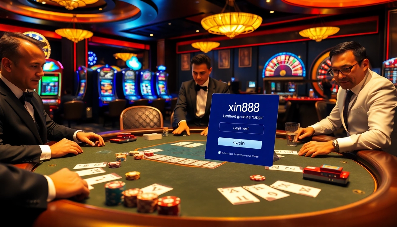 Experience the excitement of poker with xin88 dang nhap at a luxurious casino setting featuring vibrant colors and elegant players.