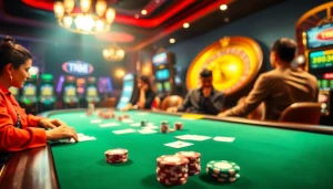 Players engaged in an exciting poker game at TR88 casino tables, showcasing vibrant action and luxury.