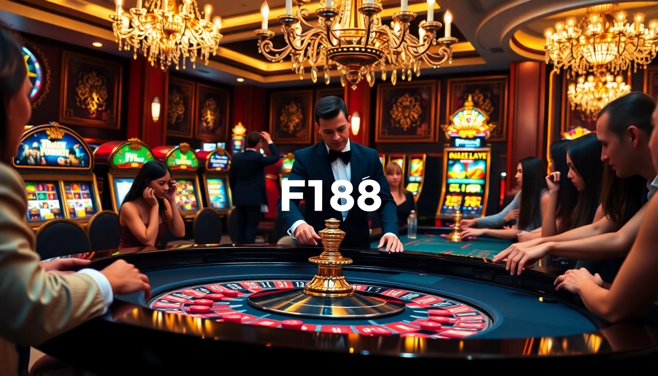 Players engaging at a roulette table in a Luxurious Casino with F168 branding.