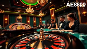 A dynamic casino scene showcasing players enjoying games at AE888 with roulette and poker tables.
