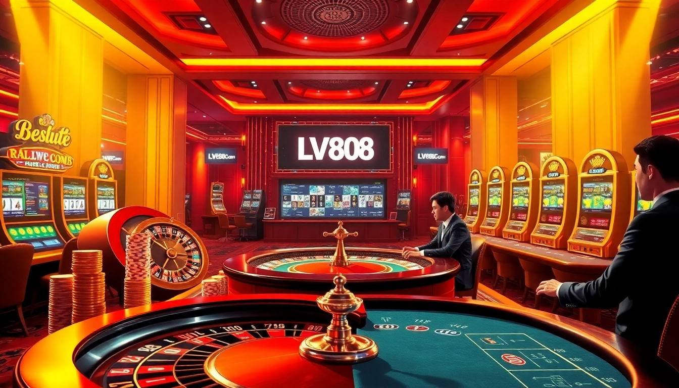 Players enjoying high-stakes games at LV88.COM's luxurious casino with vibrant roulette and slot machines.