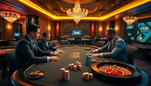 Exciting gambling moment at xx88.promo with poker players and vibrant casino ambiance.