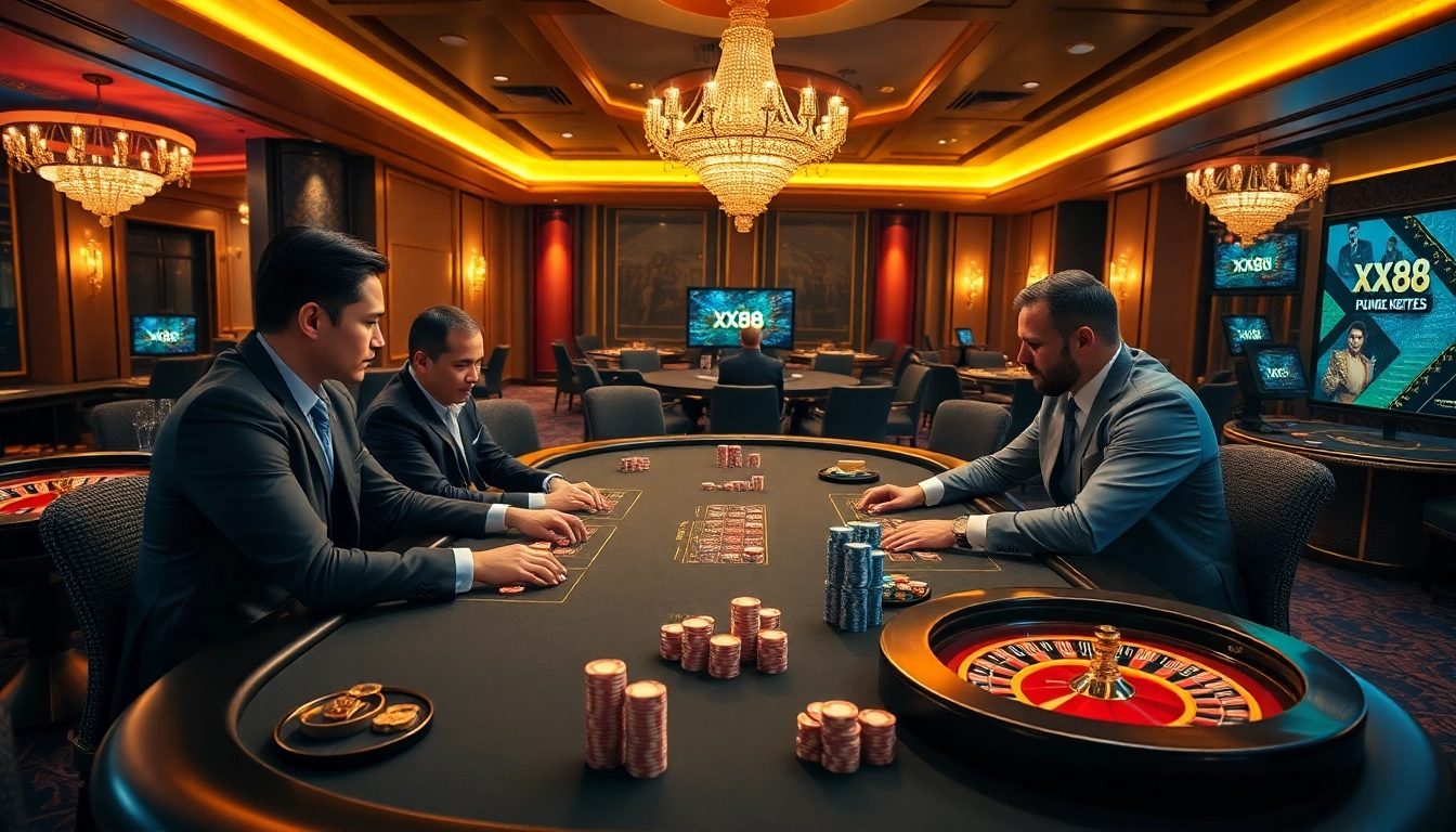 Exciting gambling moment at xx88.promo with poker players and vibrant casino ambiance.