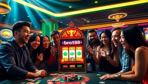 Bro138 players enjoy vibrant slot machines in a luxurious casino setting, showcasing excitement and winning potential.