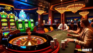 Experience the luxury of Clube VIP HHBET with elite gamblers around a roulette table and high-stakes poker.