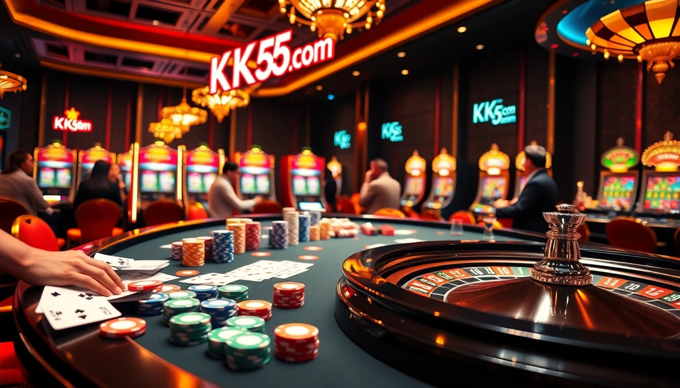 Experience the thrill of gambling at KK55.com with vibrant casino tables, roulette, and poker chips.