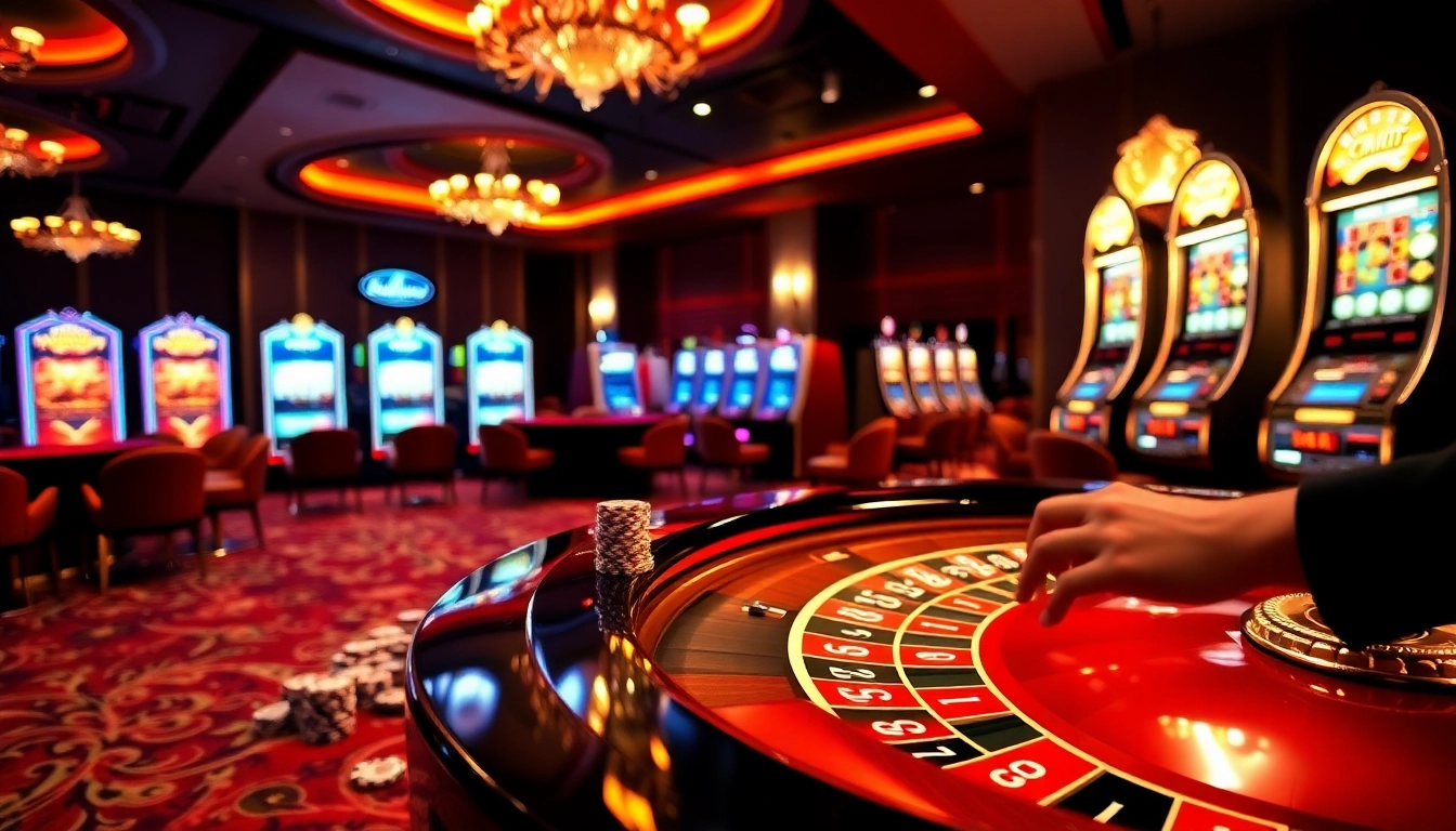 Playing at situs apiraja88, gamblers enjoy high-stakes roulette and slot machines in an elegant casino setting.