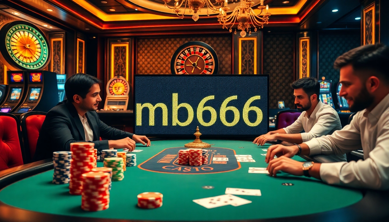 Players engaging at a luxurious poker table showcasing mb666-themed chips and cards, reflecting casino excitement.