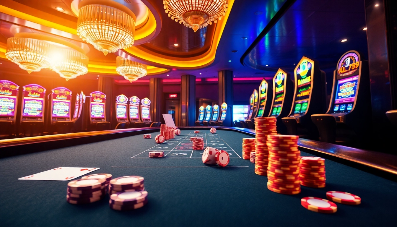 A thrilling poker scene at ALO789 featuring dynamic gameplay, bright slot machines, and vibrant chips.