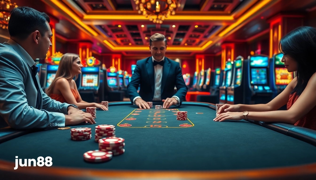 Experience the thrill of high-stakes poker at jun88 com with lively players and elegant casino decor.