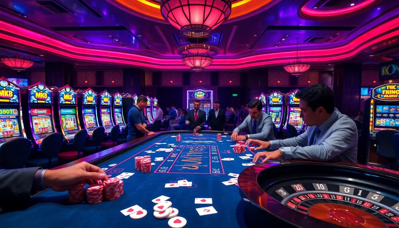 Experience an exciting MK8 casino atmosphere with players enjoying poker and engaging in high-stakes betting.