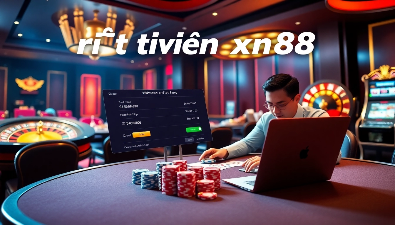 Experience seamless rút tiền xn88 transactions in a luxurious casino setting with vibrant poker chips and cards.