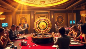 Experience thrilling gameplay at 23win with vibrant casino tables, roulette wheels, and dynamic gamblers in action.