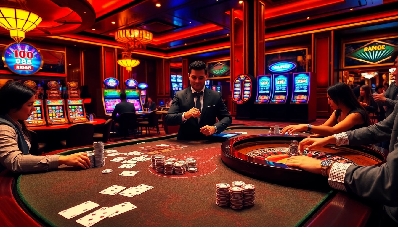 Experience thrilling gameplay at RR88 casino with vibrant tables, cards, dice, and exciting slot machines.