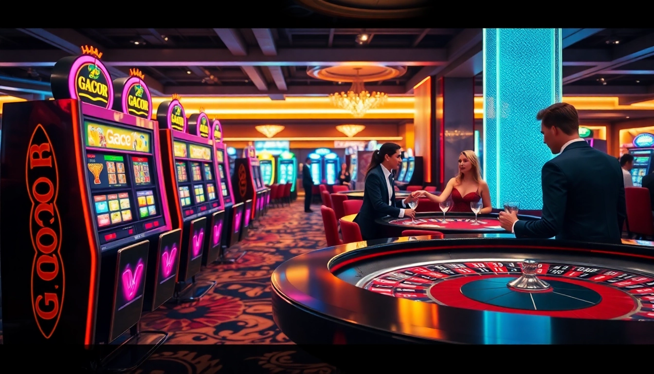 Players enjoying gacor slot machines in a luxurious casino setting, embodying excitement and strategy.