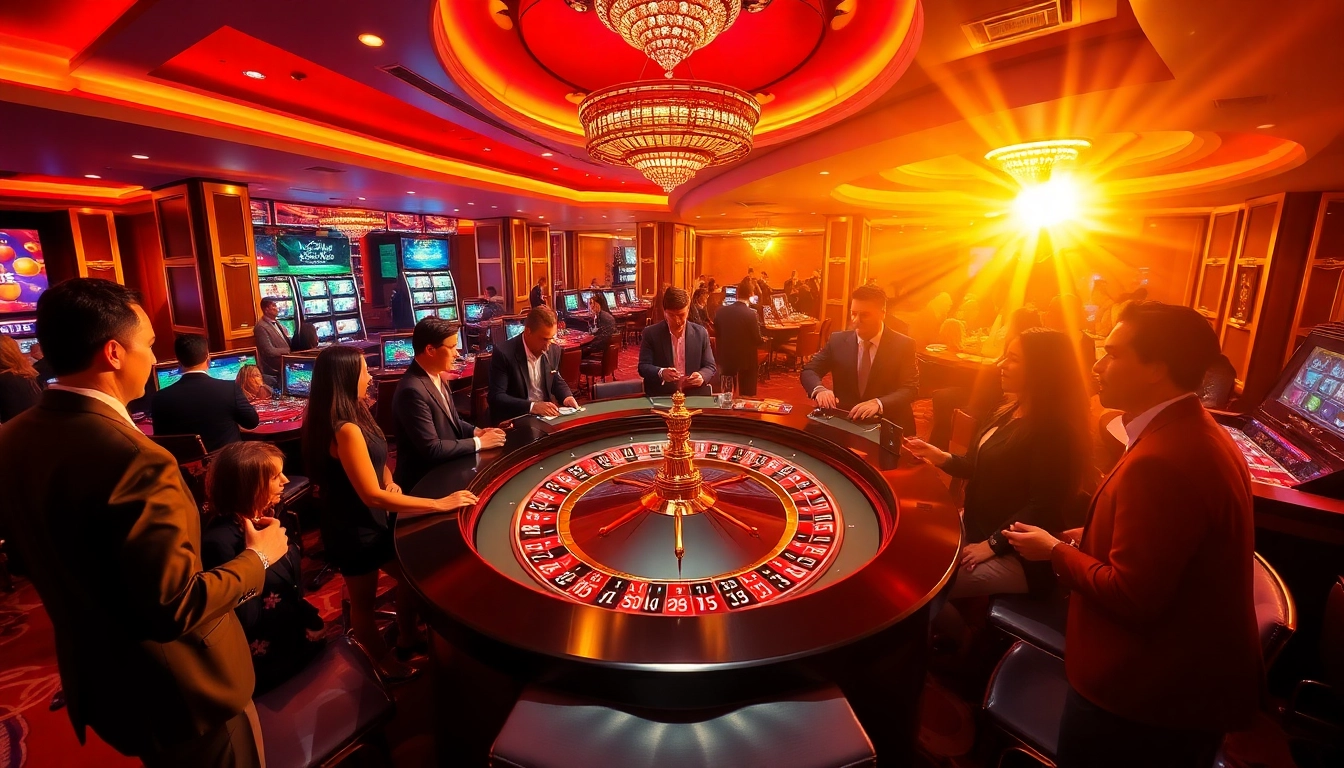 에볼루션 카지노에서 활기차고 화려한 카지노 장면을 즐기는 플레이어들.