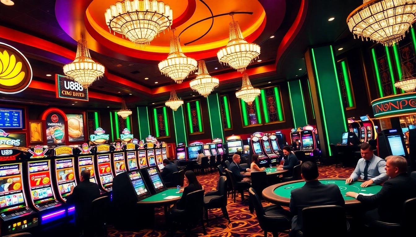 Experience the excitement of u888 in a vibrant casino setting with poker tables and slot machines.