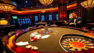 Experience the thrill of gambling with Cwin at a luxurious casino featuring exciting poker tables and roulette wheels.