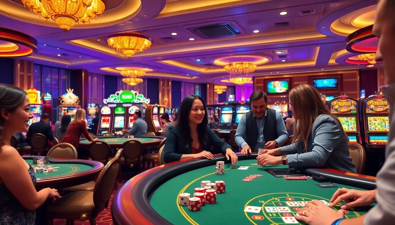 A lively gaming scene at https://sx88.site/ with players enjoying poker, dice rolling, and vibrant slot machines.