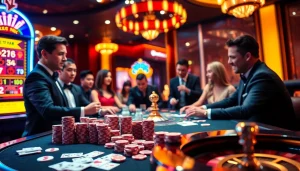 Nổ hũ slot machine in a vibrant casino setting, capturing the excitement of high-stakes gameplay.