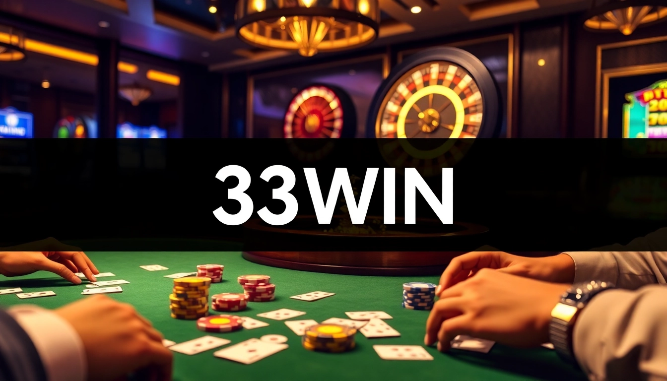 Players enjoying a game at the 33WIN poker table in a vibrant casino setting.