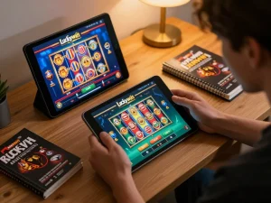 Player engages with the luckywin casino app, showcasing online gaming strategy with vibrant visuals.