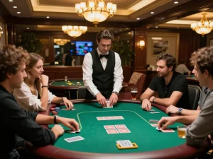 Experience the thrill of poker at BETBET with engaged players and a stylish setting.