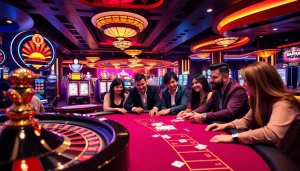 Playing casino online with vibrant tables and engaging games at a luxurious casino.