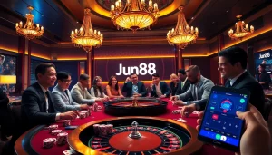 Players enjoying a thrilling casino experience at Jun88, highlighted by colorful poker chips and cards.
