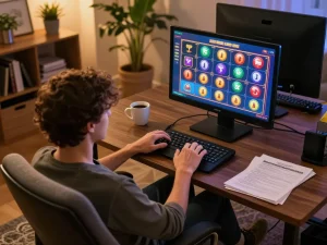 Engaging in online gaming at home with badak178 slot interface illuminated by warm lighting.