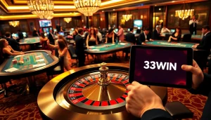 A thrilling casino scene showcasing exciting roulette action at 33WIN, with vibrant tables and enthusiastic players.
