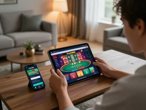 Engaging with the Fun88 app on a tablet for online gaming in a cozy living room setting.