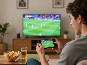 Person placing bets on bk8 using smartphone while watching live sports in a cozy living room.