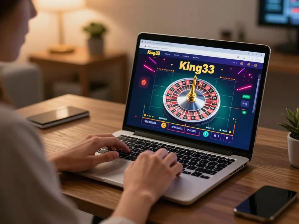 Engaging in live roulette on king33 app from cozy home office, showcasing modern gaming experience.