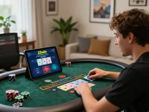 Player enjoying an exciting 32win blackjack game on their tablet at home, focused on strategic betting