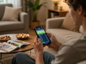 Engaging in mobile sports betting with f8beta2 app in a cozy living room setting, depicting a relaxed gaming experience