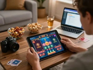 Player engaging with link fly88 on tablet for an exciting online casino session in a cozy living room.