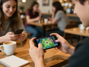 Excited player engaging with the done55 game on smartphone, showcasing colorful gaming interface.