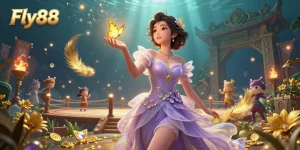 Engage in thrilling games at Fly88 with a stunning digital illustration of an enchanting Asian woman amidst dazzling casino elements.