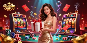 Engage with เว็บสล็อตตรง as golden coins spill from a gift box in a vibrant casino scene.