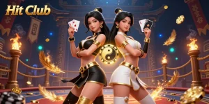 Engage in the exhilarating Hit Club experience with twin Asian women showcasing casino elements and golden casino flair.